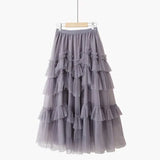 Autumn New Korean Sweet A-Line Cake Skirts Women High Waist Ruffles Mesh Skirt Vintage Kawaii Midi Faldas