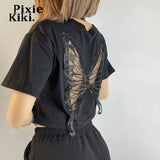 Black Lace Butterfly Hollow Out See Through Crop Top Women Y2k Clothes Summer Fairycore Grunge T Shirts