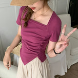 Women's T-Shirt Shows A Sense Of Thin Short-Sleeved Design Minority Pleated Irregular Slimming Blouse Square Collar Clavicle T-Shirt-Outfit