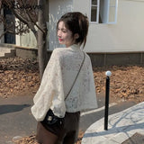 Coat Women Lace Hollow Out Long Sleeve Casual Outwear Crop Tops Zipper See Throught Y2k Jackets 2023 Ropa Mujer