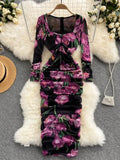 Autumn Women Purple Floral Printed Midi Dress Women Elegant Square Collar Long Sleeve Chiffon Draped Vestidos Female Robe