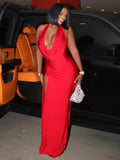 Elegant Solid V-neck Maxi Dress Women Fashion Sexy Lady Long Dresses Girls Robe Backless Party High Streetwear New 2023-Outfit