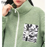 Women Thick Plush Coat 2022 Winter Long Sleeve Stand Collar Loose Jacket Zebra Pattern Green Warm Casual Sweatshirt
