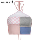 Cute Patchwork T-Shirt Two Piece Women Long Sleeve Transparent Tee And Tie Up Halter Cropped Tops Summer Kawaii