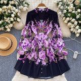 Elegant V-Neck Single-Drace Printed Dress Women To Collect Waist Thin A-Word Short Dress 2025 Spring
