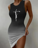 Slim Sleeveless Dress Women Fashion Round Neck Gradient Print Sleeveless Tight Dress