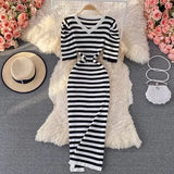 2022 New Summer Women Knitted Dress Korean Chic V Neck Puff Sleeve Dresses Fashion Office Lady Striped Vestidos