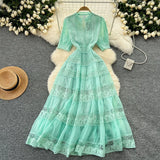 Retro Court Dress Women's Waist Thin Temperament Bubble Sleeve Lace Splicing Big Swing Dress