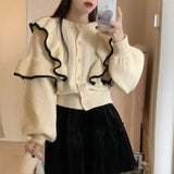 New Style Design Feeling Hit The Color Lotus Leaf Edge Sweater Women's Wear 2024 Autumn Loose Top Temperament Commuter Knitted Shirt Trend-Outfit