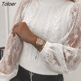 Lace Stitching Sweater Women Knitted Puff Long Sleeve Top Casual White Pullover Autumn Winter Turtleneck Sweaters