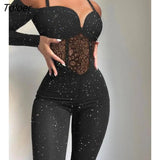 Women Tribal Pattern Flocked Mesh Patch Long Sleeve Jumpsuit 2023 Autumn Europe and America Fashion Women's