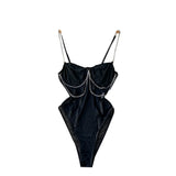 Women Strap Sexy Bodysuits 2023 Chain Design Transparent Palysuits Ladies Fashion Club Blackless Mesh