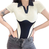 Women Bodysuit Summer Clothes 2023 Short Sleeve Lapel Neck Contrast Color Casual Jumpsuit Elastic Female Clothing Streetwear-Outfit