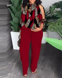 Toloer New Women's Round Neck Nail Bead, Rotator Sleeve T-Shirt And Trousers Positioning Print