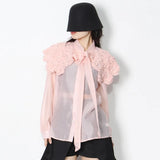 Solid Shirt For Women Peter Pan Collar Long Sleeve Lace Up Bowknot Button Through Blouse Female Clothing Style