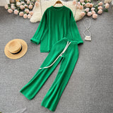 Casual Winter Loose Sweater Sets O Neck Tops+Drawstring Wide Leg Long Pants 2022 Women OL Solid Knit Two Pieces