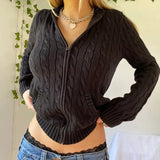 Vintage Brown Solid Hooded Y2K Sweaters Women Autumn Winter Lantern Sleeve Zip Up Jacket Cardigan Knitted Hoodies