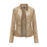 VAREY LIN New Spring Autumn Moto Biker Pu Coat Women Casual Stand Collar Zipper Faux Leather Jacket Lady Casual Slim