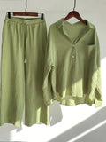 Fashion Lapel Women Two Piece Suit Cotton Linen Shirt High Waist Casual Pants Oversized Suit Women Sweatshirt