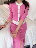 Women Autumn Pink/Black Colorblock O-Neck Single Pearl Breasted Knit Cardigan +Elastic Split Long Skirt Set Elegant 2 Piece