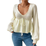 Women Hollow Sweaters Spring Autumn Clothes Knit Tops Solid Color Long Sleeve Drawstring Waist Pullover Sexy Club Knitwear-Outfit
