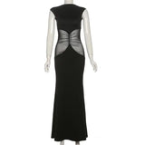 Black Mesh Spliced Design Short Sleeve Maxi Dress-Outfit