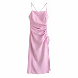 Women Chic Fashion Side Adjustable Drawstring Draped Midi Dress Vintage Backless Side Zipper Straps Female