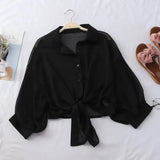Shirts Women 2020 Summer Half Sleeve Buttoned Up Shirt Loose Casual Blouse Tied Waist Elegant Blouses For