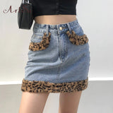 Patchwork Furry Leopard High Waist Jeans Skirts Womens Casual Fashion Pokcet Mini Skirt Harajuku Streetwear