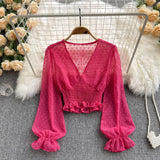 2021 Autumn Fashion Korean Women Blouse Long Sleeve V Neck Elastic Ruched Slim Tops Elegant Streetwear Short