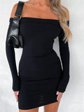 Slash Neck Off Shoulder Short Mini Pencil Dress for Women 2023 Long Sleeve Spring Fall Ribbed Slim Fit Dress Vestidos-Outfit