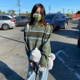 Korean Fashion Striped Casual Oversized Sweater Y2K Green Knitted Jumper Knitwear Long Sleeve Pullover Top