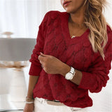 Knitted Sweater Oversize V Neck Sweater Spring Autumn Loose Long Sleeve Lightweight Hollow Out Pullovers Sweaters