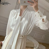 femininity simple versatile shirt Fashionable femininity simple versatile bowknot long-sleeved loose dress