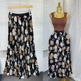 Tight Waist High Waist Crums Sweet A-Shaped Skirt Women's Long Print 100-Fold