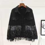 Black Casual Patchwork Jacket For Women Lapel Long Sleeve Sequin Tassel Jackets Female Fashion New Clothes