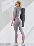 Outdoor Two Piece Set Women Long Sleeve Crop Top Sport Leggings Tracksuit Fitness Gym Suits For