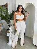 Summer Fashion 2 Two Piece Sets Outfits Women Sleeveless Backless Crop Top Flared Pants Pink Casual Matching Sets