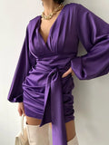 Party Ruched Sexy Dress Women Lantern Sleeve V-Neck Satin Short Dress With Sashes Clubwear Spring 2023 Solid