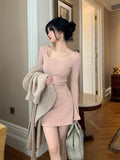 Autumn Knitted Dress Women Casual Slim Thin Y2k Mini Dress Female Pure Color Elegant One Piece Dress Korean Fashion