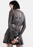 Cyber Y2k Skull Print Black Mesh Sheer Long Sleeve Top Gothic Clothes Women Street Style Graphic Tshirt