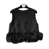 TWOTWINSTYLE Black Tank Tops For Women Round Collar Sleeveless Solid Patchwork Feathers Hem Vests Female Korean Fashion