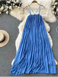 Summer Backless Strap Beach Dress Women Strapless Streetwear Holiday Pleated Sundress Ladies Fashion Sexy Midi Long