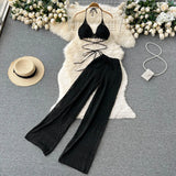 Women Summer Knitted Set Halter Short Tops+ Hollow Wide Leg Long Pants Sets Shell Beach Sexy Backless Two Piece