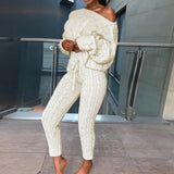 Winter Women Knitted Tracksuit Two Piece Set Women Sweater Tops + Elastic Waist Pant Knitted Suit Women Two Piece