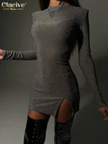 Elegant Gray Glitter Dresses For Women Bodycon O-Neck Long Sleeve Mini Dress Lady Fashion Slim Slit Party Dresses