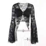 Dark Lace See Through Mall Gothic Women T-shirts Emo Sexy Grunge Aesthetic Flare Sleeve Crop Tops Y2k Black V-neck Alt Tees-Outfit
