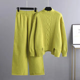 Winter Women Sweater Suits Thick Turtleneck Loose Sweater+ Wide Leg Long Pants Female Knitted Warm Two Pieces