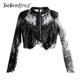 Casual Black Lace Panel Perspective Sun Protection Women Coat Stand Collar Long Sleeve Korean Short Jackets