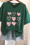 100% Cotton L-6XL T Shirt Plus Size Tshirt Short Sleeve Women Top Summer Heart Print Sweet V Neck Oversized T